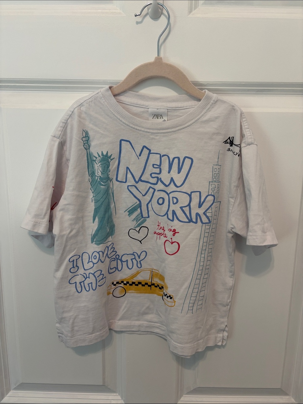 Zara White Short-Sleeve New York Graphic Tee with Blue, Teal & Yellow Accents